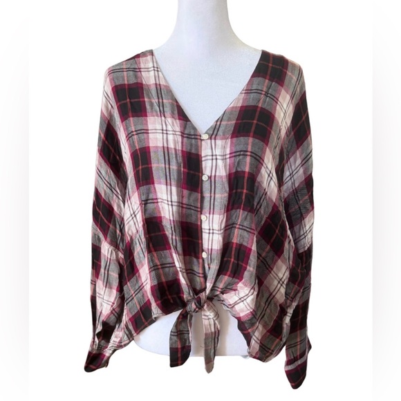 Express Tops - Express Plaid Tie Front Button Blouse